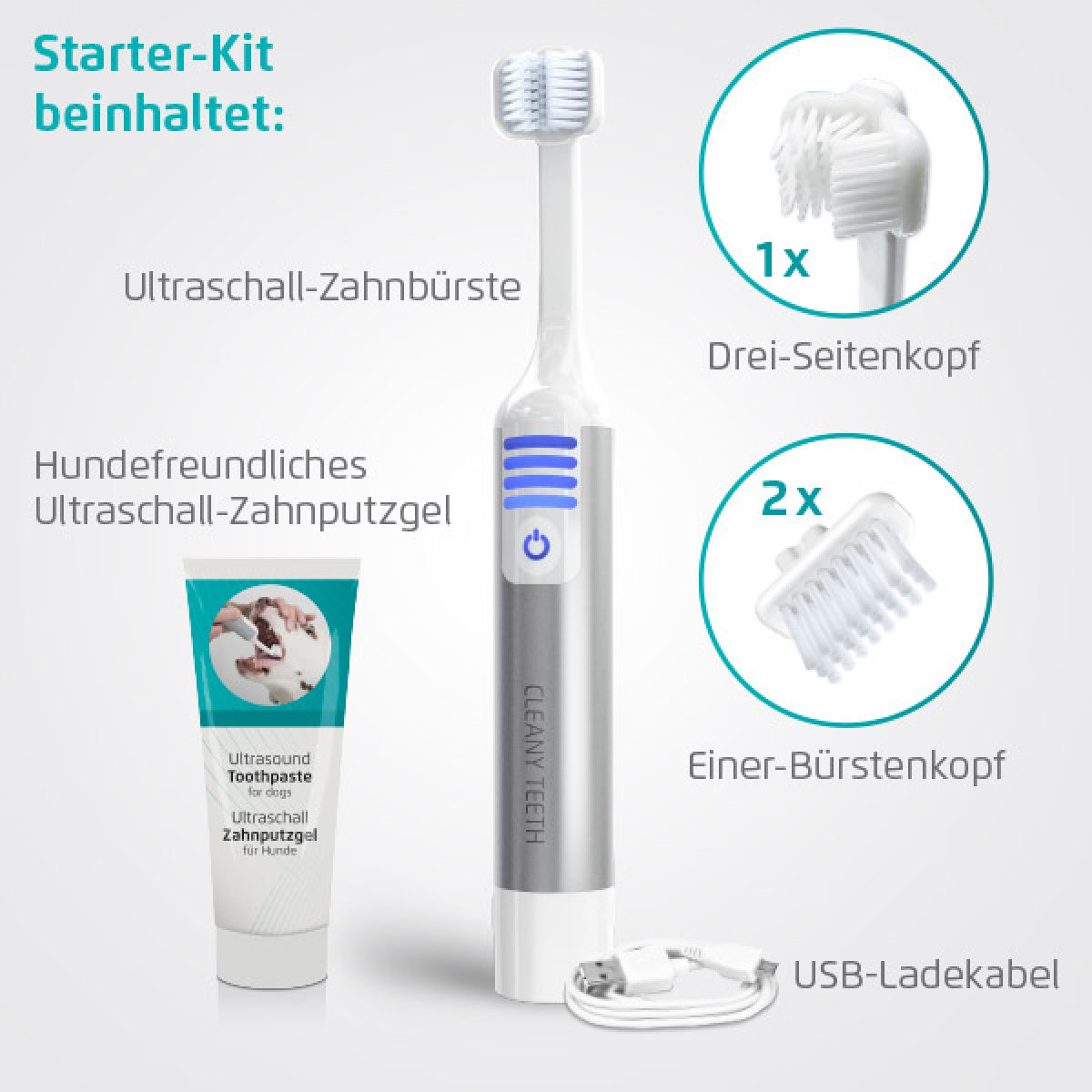 Cleany Teeth Ultraschall Zahnbürste für Hunde StarterKit